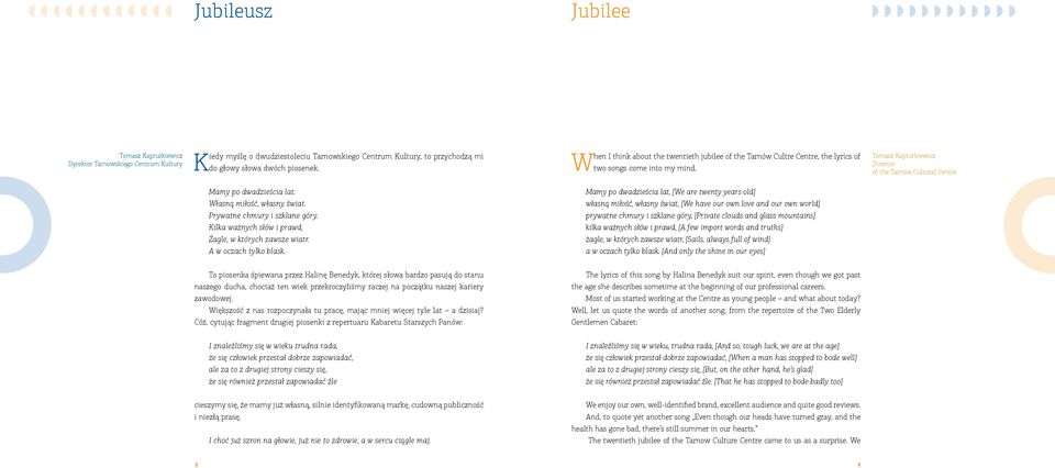 Tomasz Kapturkiewicz Director of the Tarnów Cultural Centre Mamy po dwadzieścia lat. Mamy po dwadzieścia lat, [We are twenty years old] Własną miłość, własny świat.