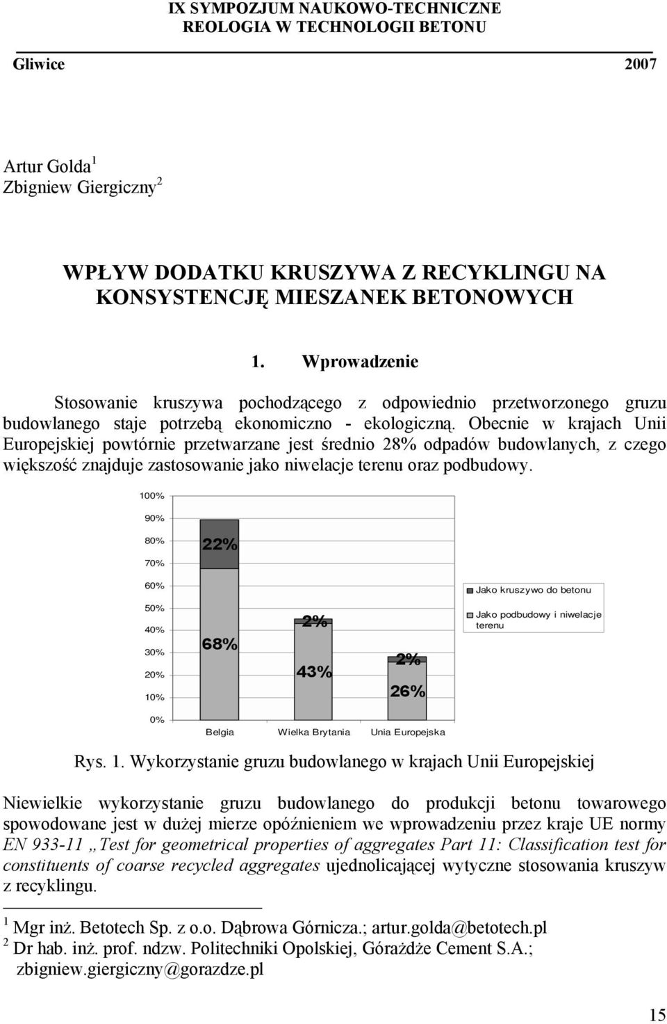 Obecnie w krajach Unii Europejskiej powtórnie przetwarzane jest średnio 28% odpadów budowlanych, z czego większość znajduje zastosowanie jako niwelacje terenu oraz podbudowy.