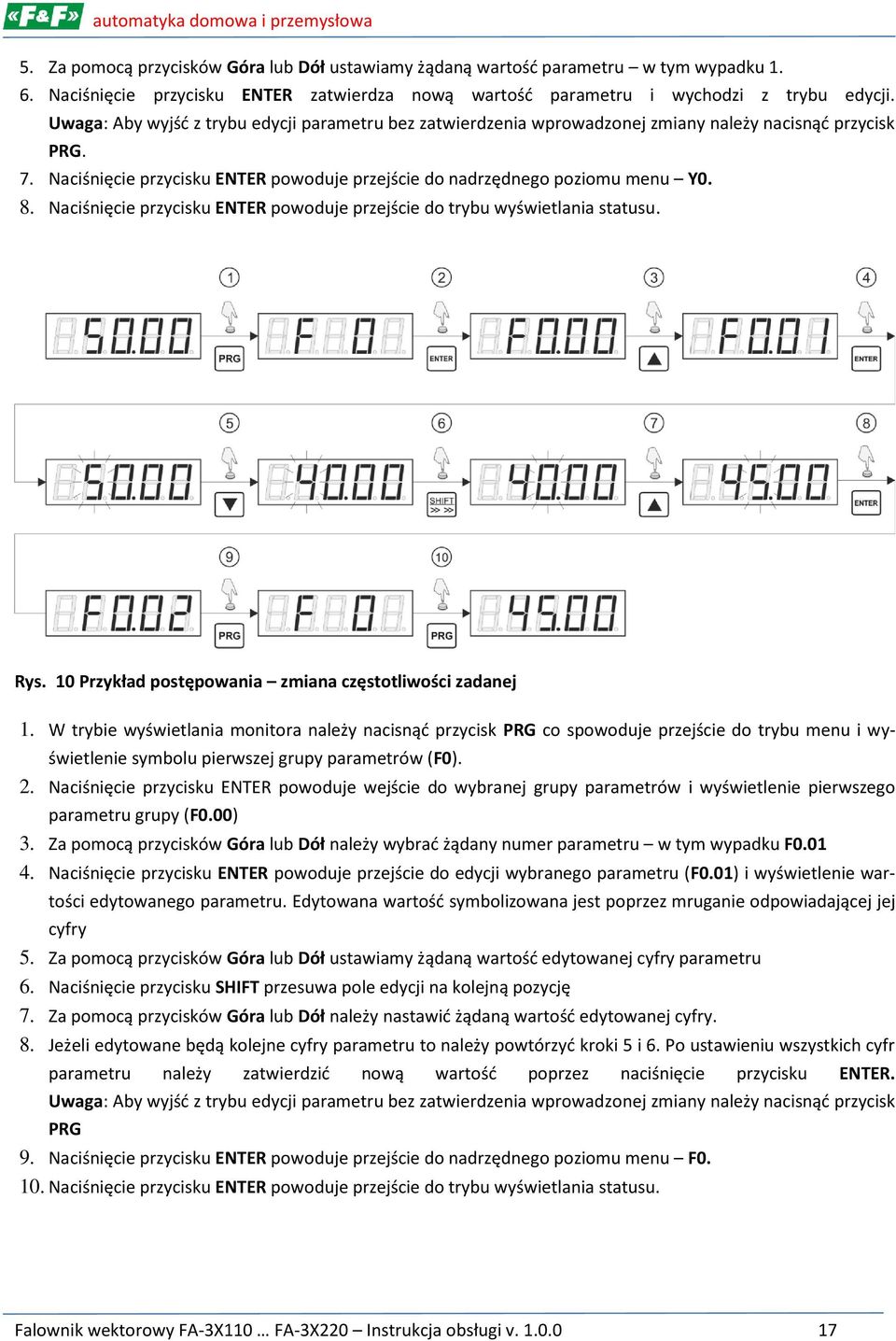 Naciśnięcie przycisku ENTER powoduje przejście do trybu wyświetlania statusu. Rys. 10 Przykład postępowania a częstotliwości zadanej 1.