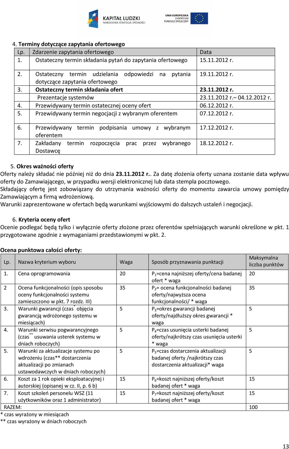 Przewidywany termin ostatecznej oceny ofert 06.12.2012 r. 5. Przewidywany termin negocjacji z wybranym oferentem 07.12.2012 r. 6. Przewidywany termin podpisania umowy z wybranym oferentem 7.