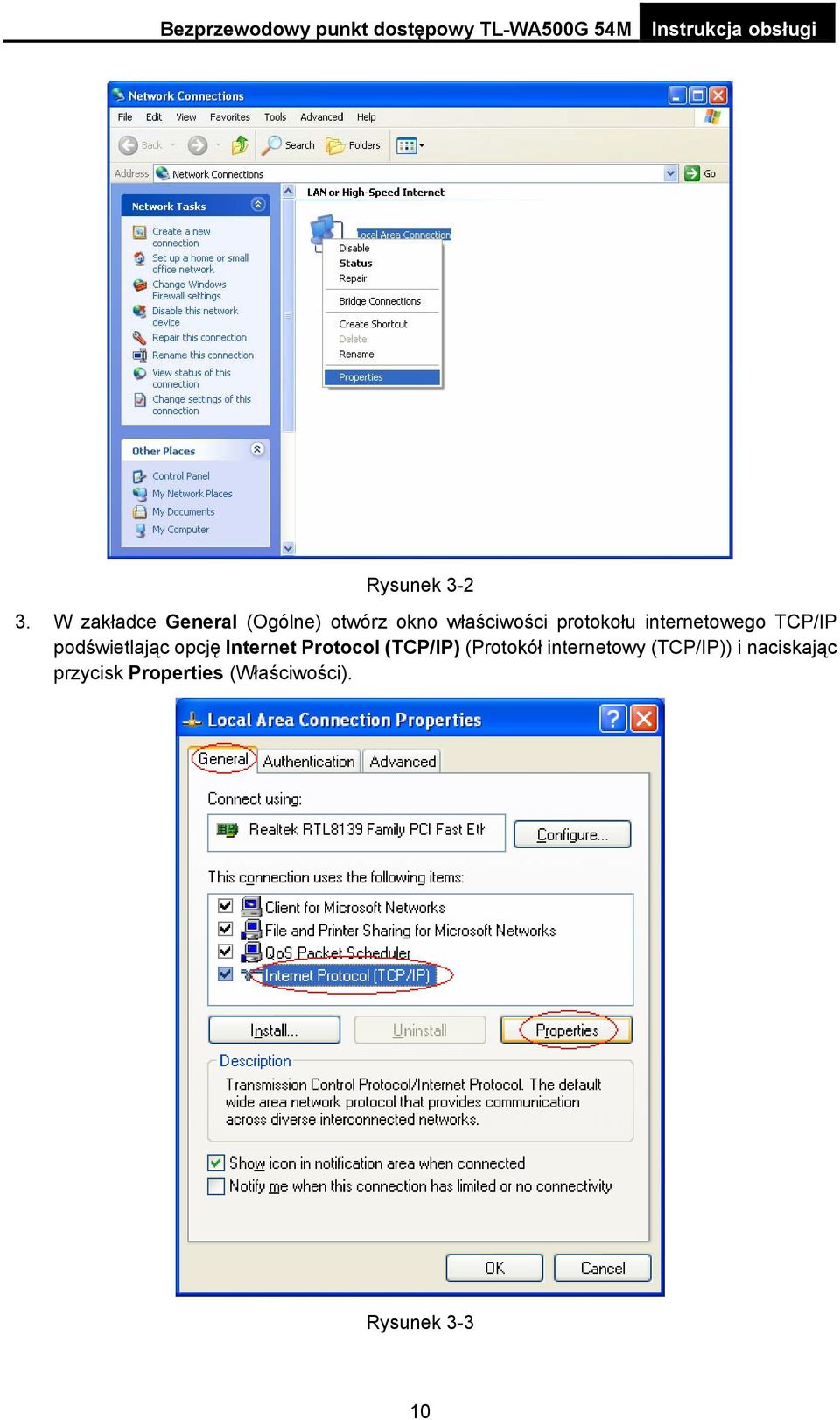 protokołu internetowego TCP/IP podświetlając opcję Internet