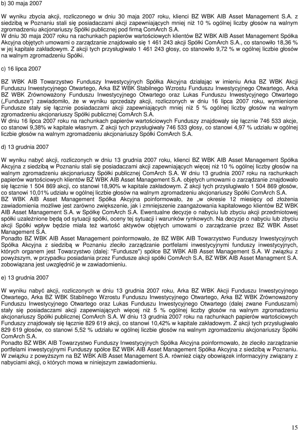 A. W dniu 30 maja 2007 roku na rachunkach papierów wartościowych klientów BZ WBK AIB Asset Management Spółka Akcyjna objętych umowami o zarządzanie znajdowało się 1 461 243 akcji Spółki ComArch S.A., co stanowiło 18,36 % w jej kapitale zakładowym.