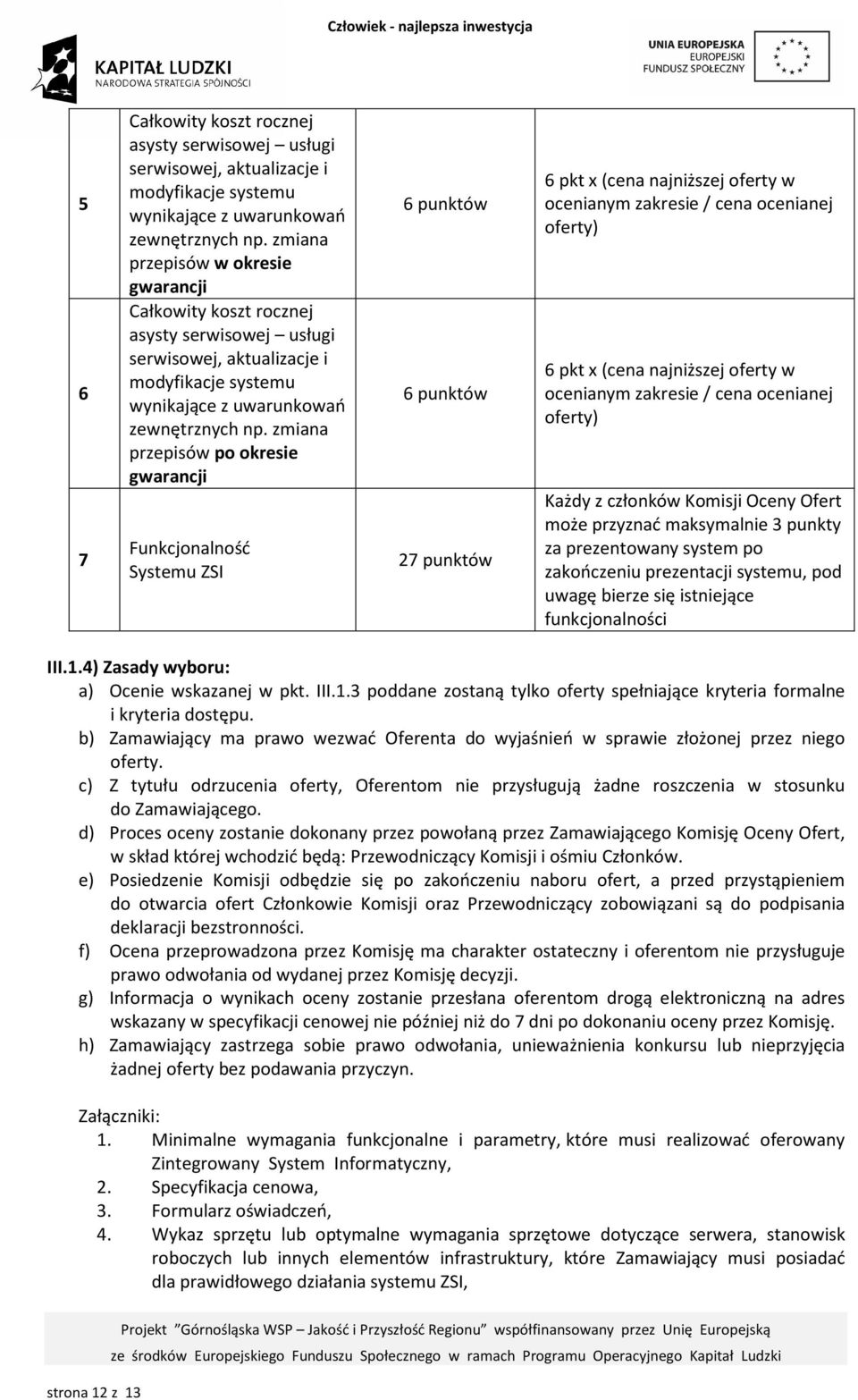 zmiana przepisów po okresie gwarancji Funkcjonalność Systemu ZSI 6 punktów 6 punktów 27 punktów 6 pkt x (cena najniższej oferty w ocenianym zakresie / cena ocenianej oferty) 6 pkt x (cena najniższej