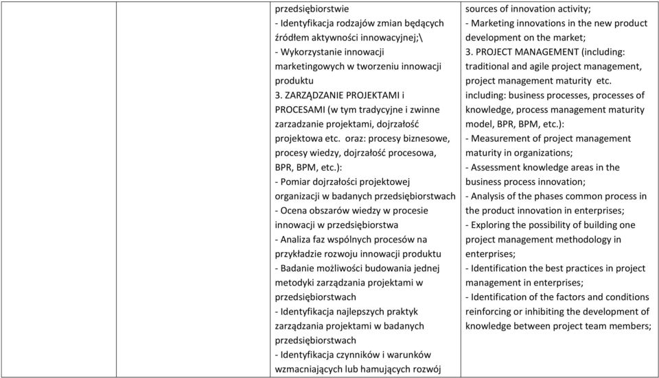 ): - Pomiar dojrzałości projektowej organizacji w badanych przedsiębiorstwach - Ocena obszarów wiedzy w procesie innowacji w przedsiębiorstwa - Analiza faz wspólnych procesów na przykładzie rozwoju