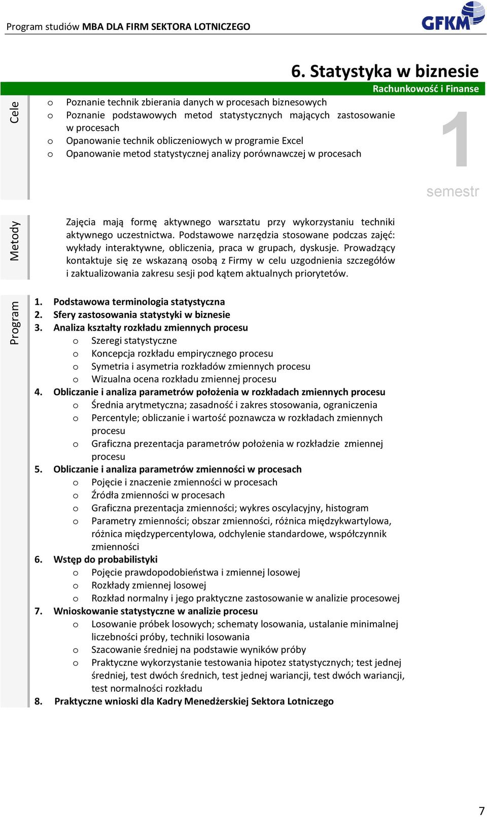 bliczeniwych w prgramie Excel Opanwanie metd statystycznej analizy prównawczej w prcesach Zajęcia mają frmę aktywneg warsztatu przy wykrzystaniu techniki aktywneg uczestnictwa.