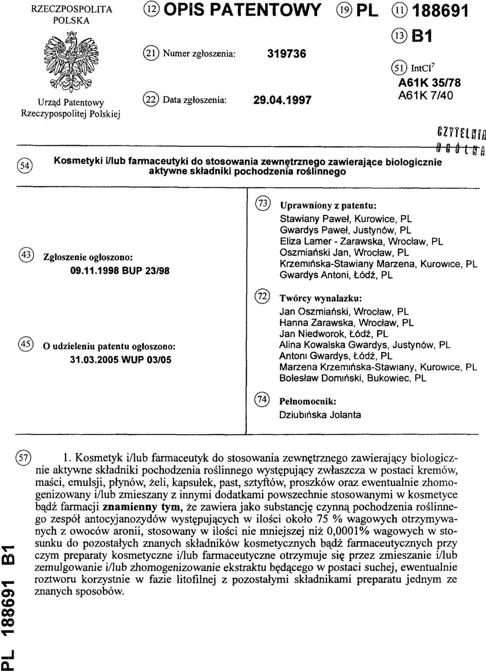 1998 BUP 23/98 (45) O udzieleniu patentu ogłoszono: 31.03.