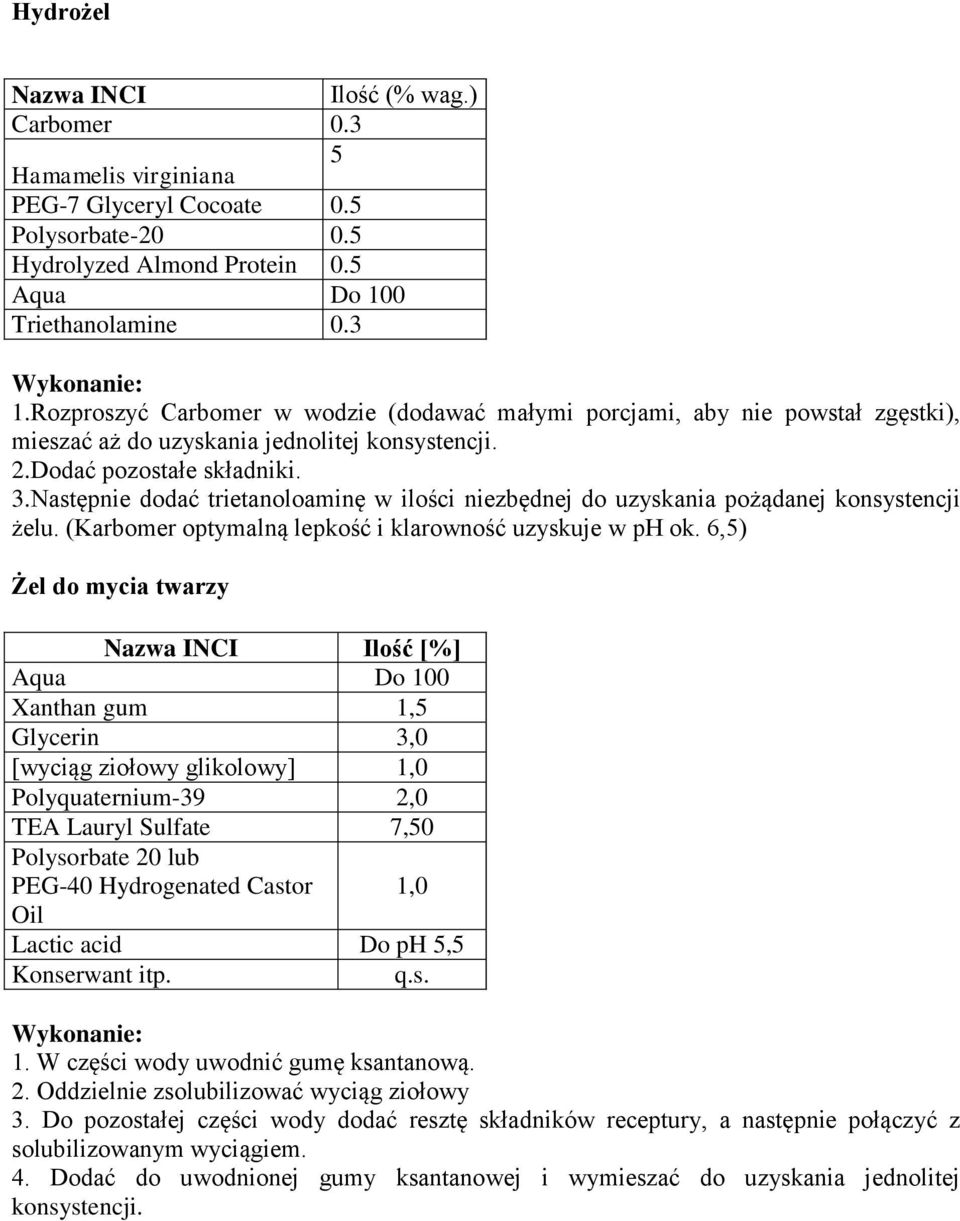 Następnie dodać trietanoloaminę w ilości niezbędnej do uzyskania pożądanej konsystencji żelu. (Karbomer optymalną lepkość i klarowność uzyskuje w ph ok.