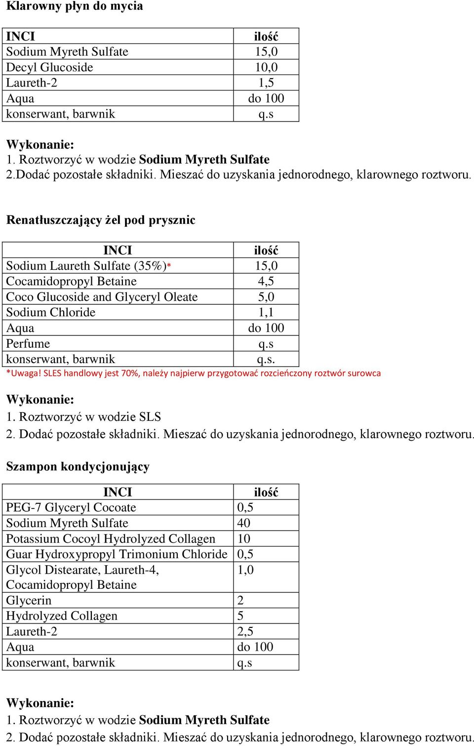 Renatłuszczający żel pod prysznic INCI ilość Sodium Laureth Sulfate (35%)* 15,0 Cocamidopropyl Betaine 4,5 Coco Glucoside and Glyceryl Oleate 5,0 Sodium Chloride 1,1 Aqua do 100 Perfume q.