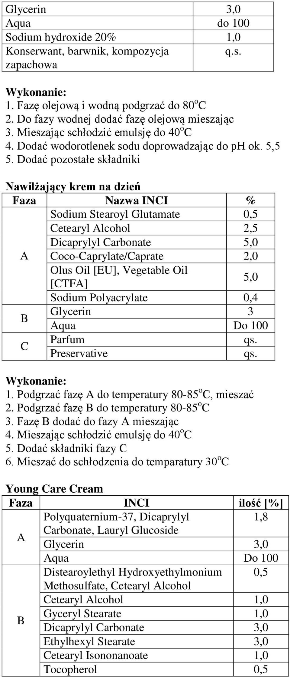 Dodać pozostałe składniki Nawilżający krem na dzień Faza Nazwa INCI % Sodium Stearoyl Glutamate 0,5 Cetearyl Alcohol 2,5 Dicaprylyl Carbonate 5,0 A Coco-Caprylate/Caprate 2,0 Olus Oil [EU], Vegetable