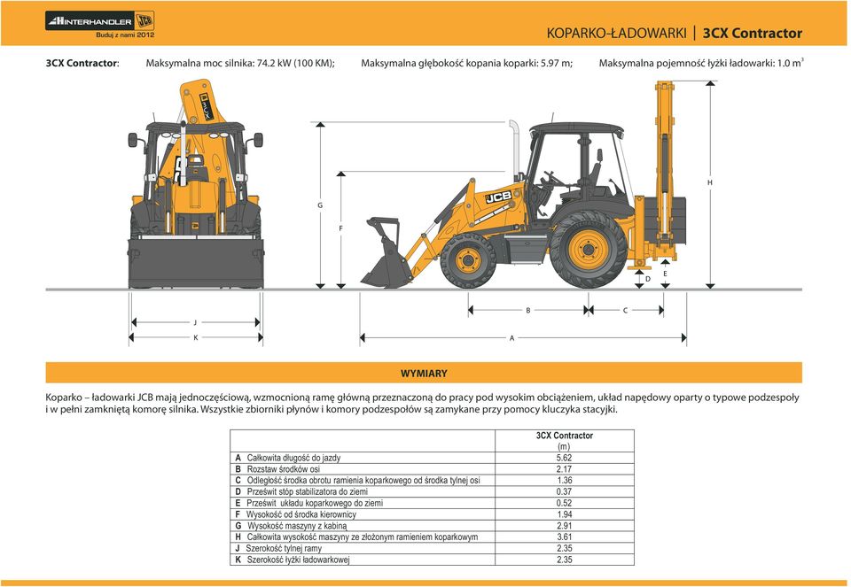 Wszystkie zbiorniki płynów i koory podzespołów są zaykane przy poocy kluczyka stacyjki. Contractor () A Całkowita długość do jazdy 5.62 B Rozstaw środków osi 2.