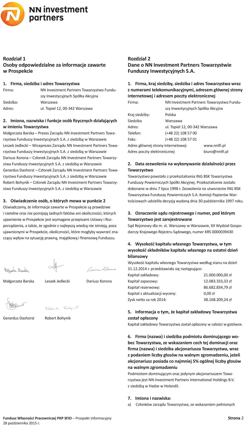 Imiona, nazwiska i funkcje osób fizycznych działających w imieniu Towarzystwa Małgorzata Barska Prezes Zarządu NN Investment Partners Towarzystwa Funduszy Inwestycyjnych S.A.