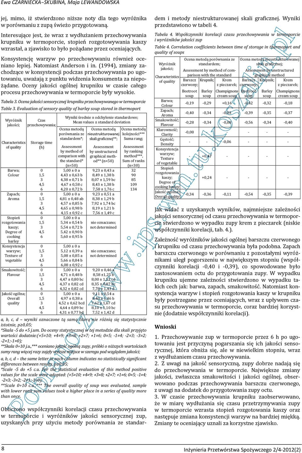Konsystencję warzyw po przechowywaniu również oceniano lepiej. Natomiast Anderson i in.