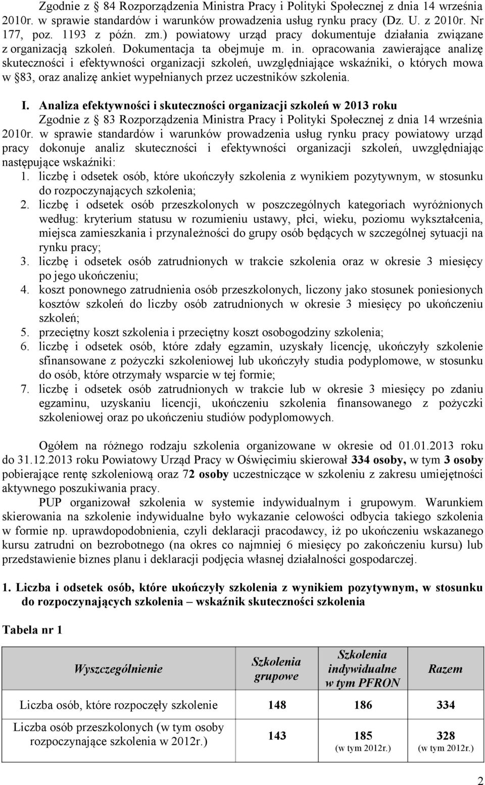 opracowania zawierające analizę skuteczności i efektywności organizacji szkoleń, uwzględniające wskaźniki, o których mowa w 83, oraz analizę ankiet wypełnianych przez uczestników szkolenia. I.