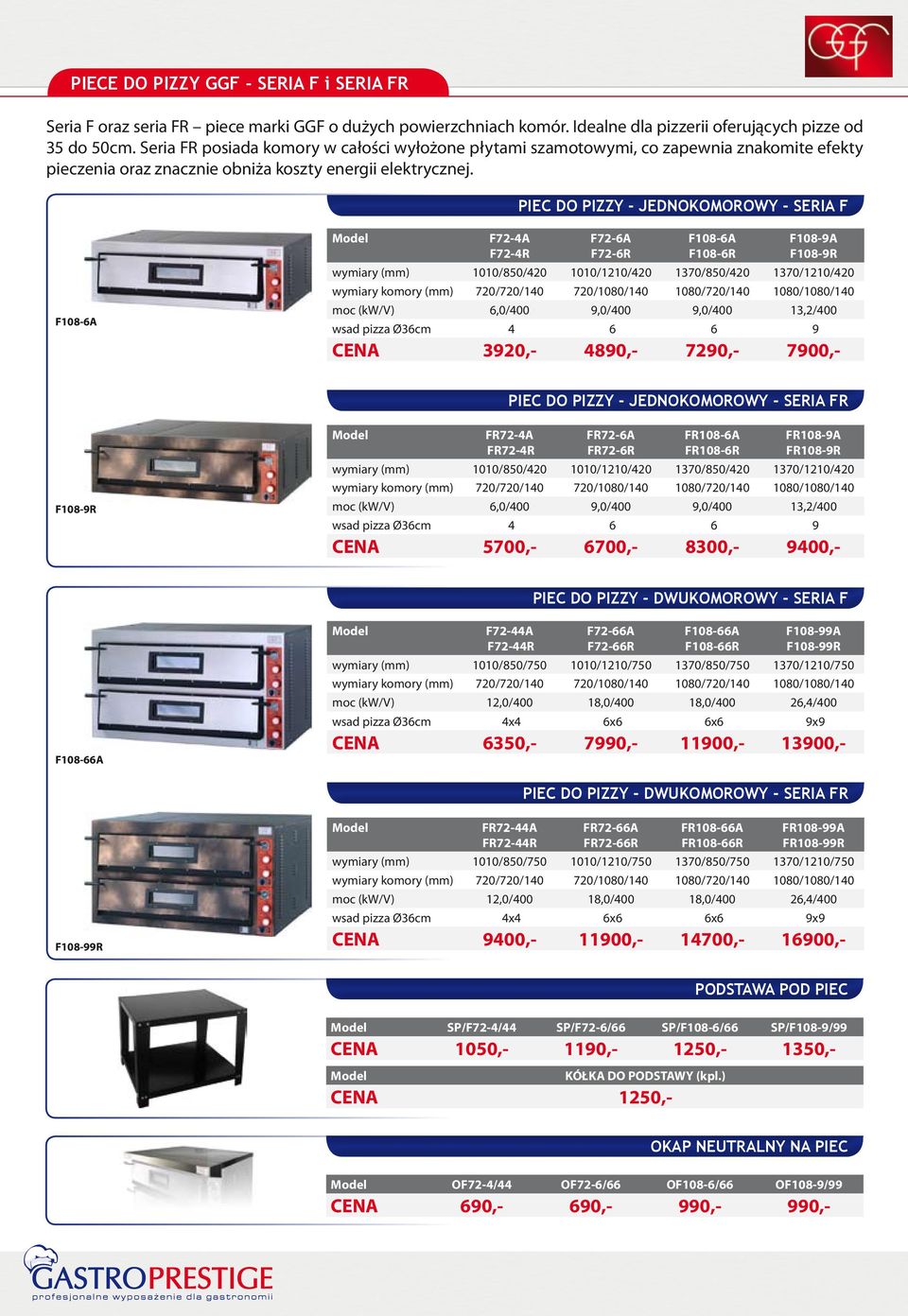 PIEC DO PIZZY - JEDNOKOMOROWY - SERIA F F108-6A F72-4A F72-4R F72-6A F72-6R F108-6A F108-6R F108-9A F108-9R wymiary (mm) 1010/850/420 1010/1210/420 1370/850/420 1370/1210/420 wymiary komory (mm)