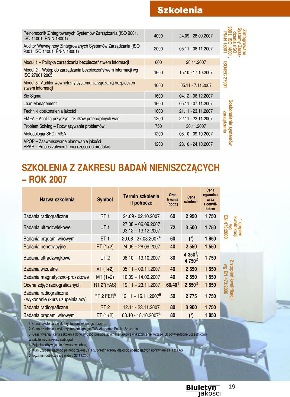 10-17.10.2007 1600 05.11-7.11.2007 Six Sigma 1600 04.12-06.12.2007 Lean Management 1600 05.11-07.11.2007 Techniki doskonalenia jakości 1600 21.11-23.11.2007 FMEA Analiza przyczyn i skutków potencjalnych wad 1200 22.