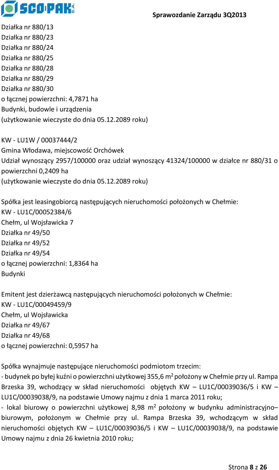 2089 roku) Sprawozdanie Zarządu 3Q2013 KW - LU1W / 00037444/2 Gmina Włodawa, miejscowość Orchówek Udział wynoszący 2957/100000 oraz udział wynoszący 41324/100000 w działce nr 880/31 o powierzchni