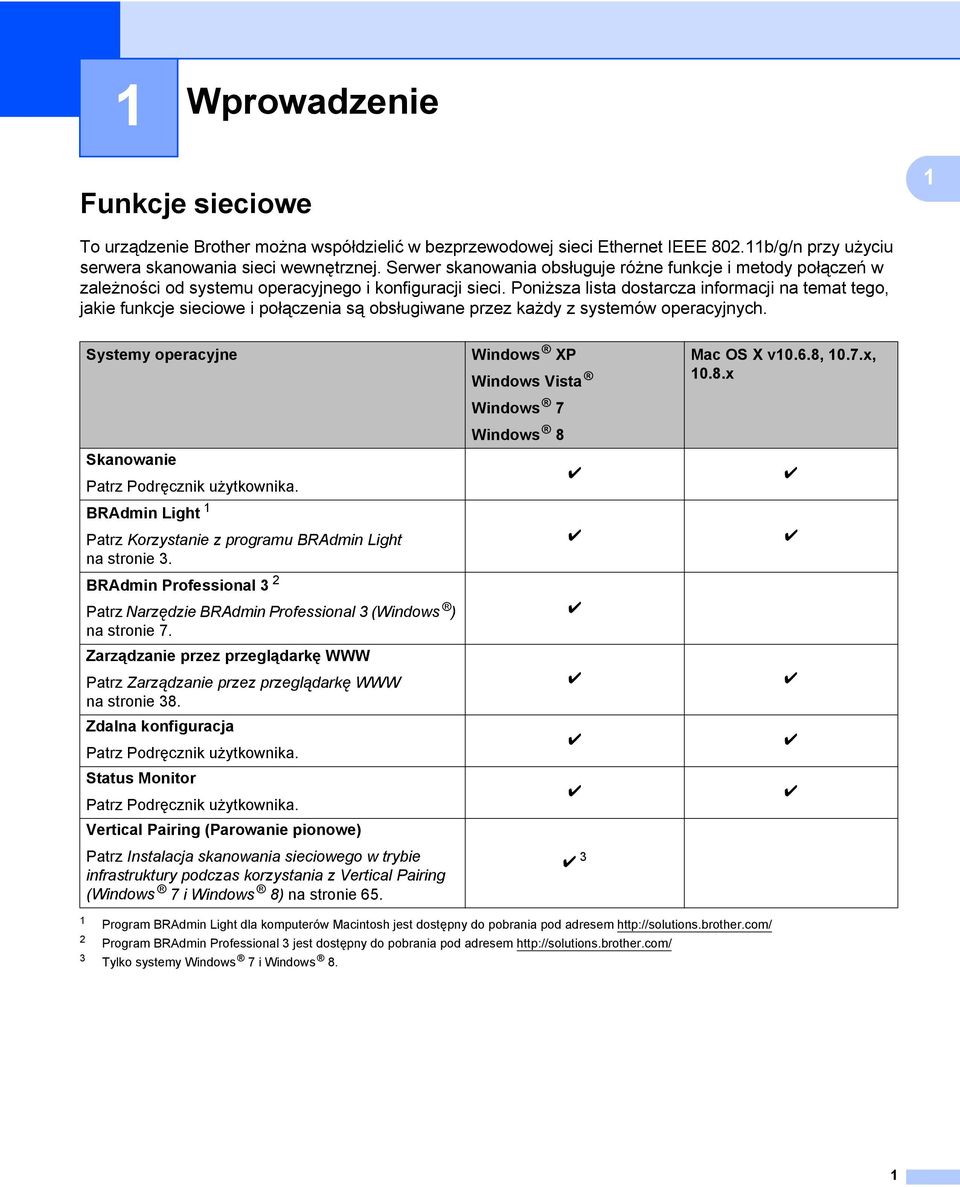 Poniższa lista dostarcza informacji na temat tego, jakie funkcje sieciowe i połączenia są obsługiwane przez każdy z systemów operacyjnych. Systemy operacyjne Skanowanie Patrz Podręcznik użytkownika.