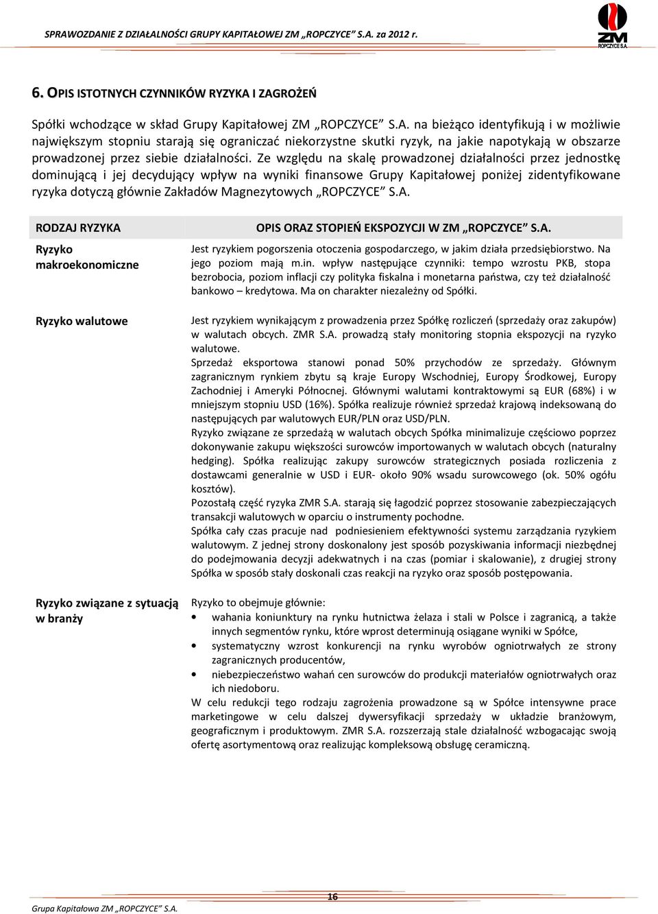 Ze względu na skalę prowadzonej działalności przez jednostkę dominującą i jej decydujący wpływ na wyniki finansowe Grupy Kapitałowej poniżej zidentyfikowane ryzyka dotyczą głównie Zakładów