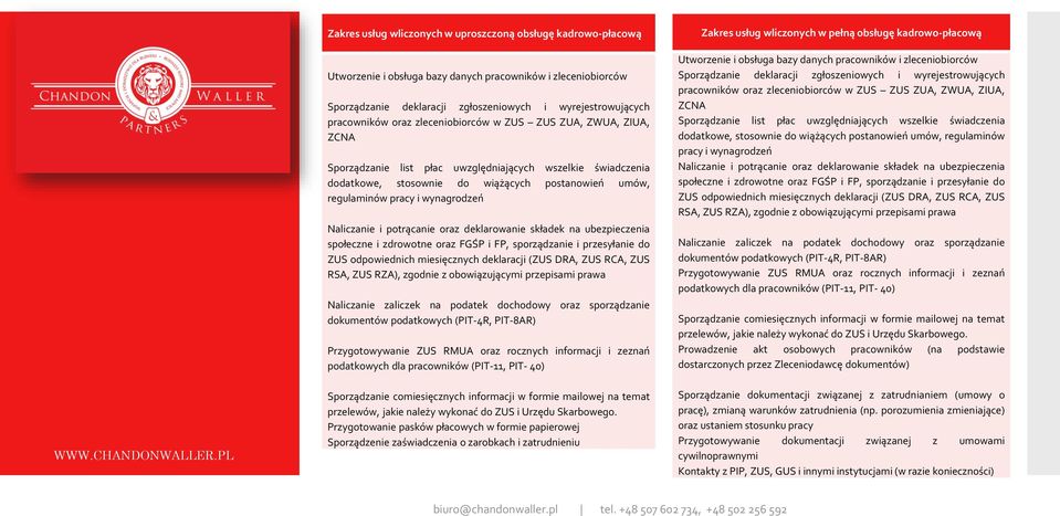 Naliczanie i potrącanie oraz deklarowanie składek na ubezpieczenia społeczne i zdrowotne oraz FGŚP i FP, sporządzanie i przesyłanie do ZUS odpowiednich miesięcznych deklaracji (ZUS DRA, ZUS RCA, ZUS