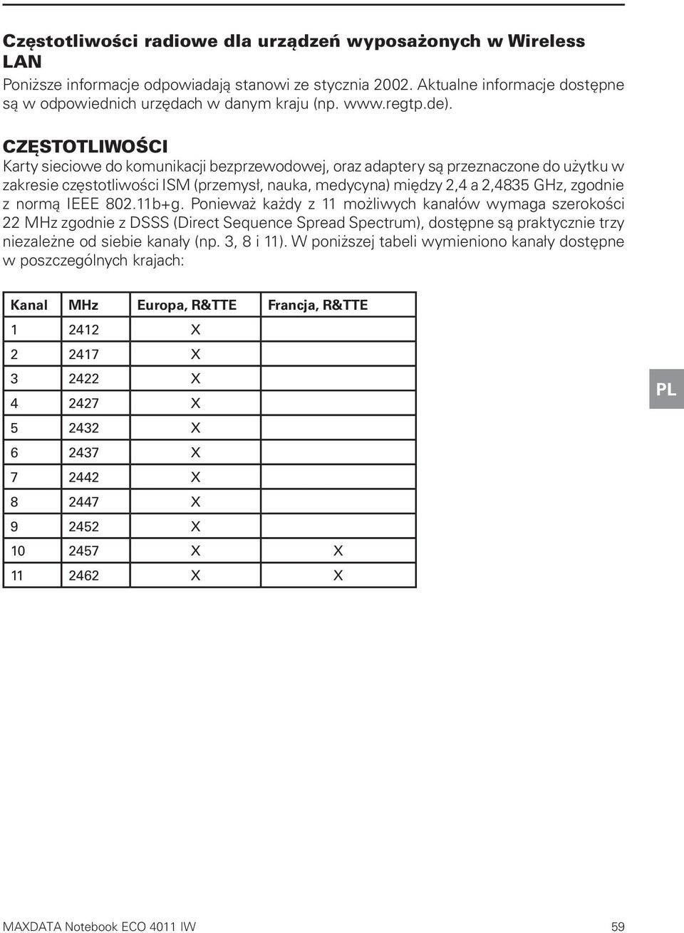 CZĘSTOTLIWOŚCI Karty sieciowe do komunikacji bezprzewodowej, oraz adaptery są przeznaczone do użytku w zakresie częstotliwości ISM (przemysł, nauka, medycyna) między 2,4 a 2,4835 GHz, zgodnie z normą