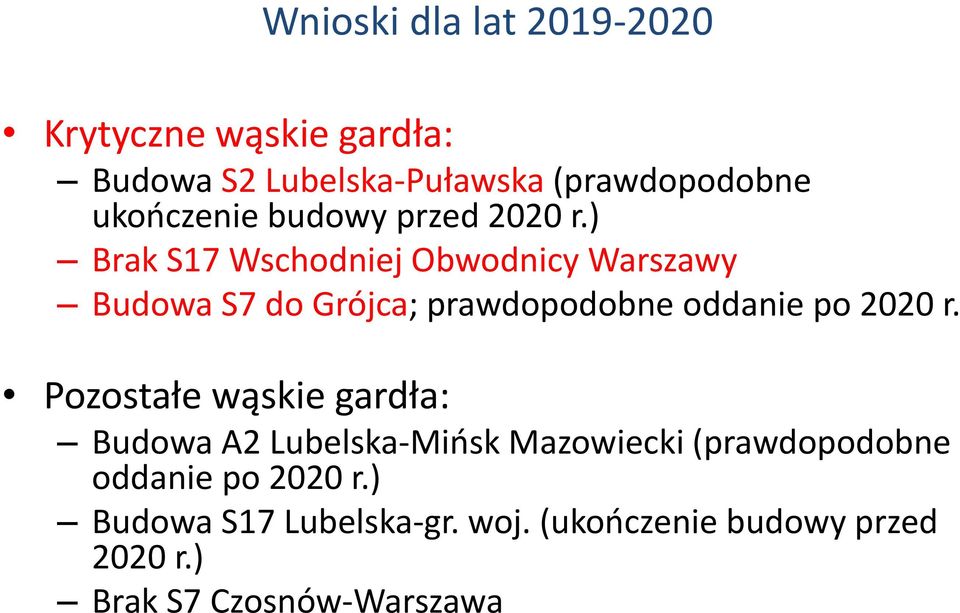 ) Brak S17 Wschodniej Obwodnicy Warszawy Budowa S7 do Grójca; prawdopodobne oddanie po 2020 r.