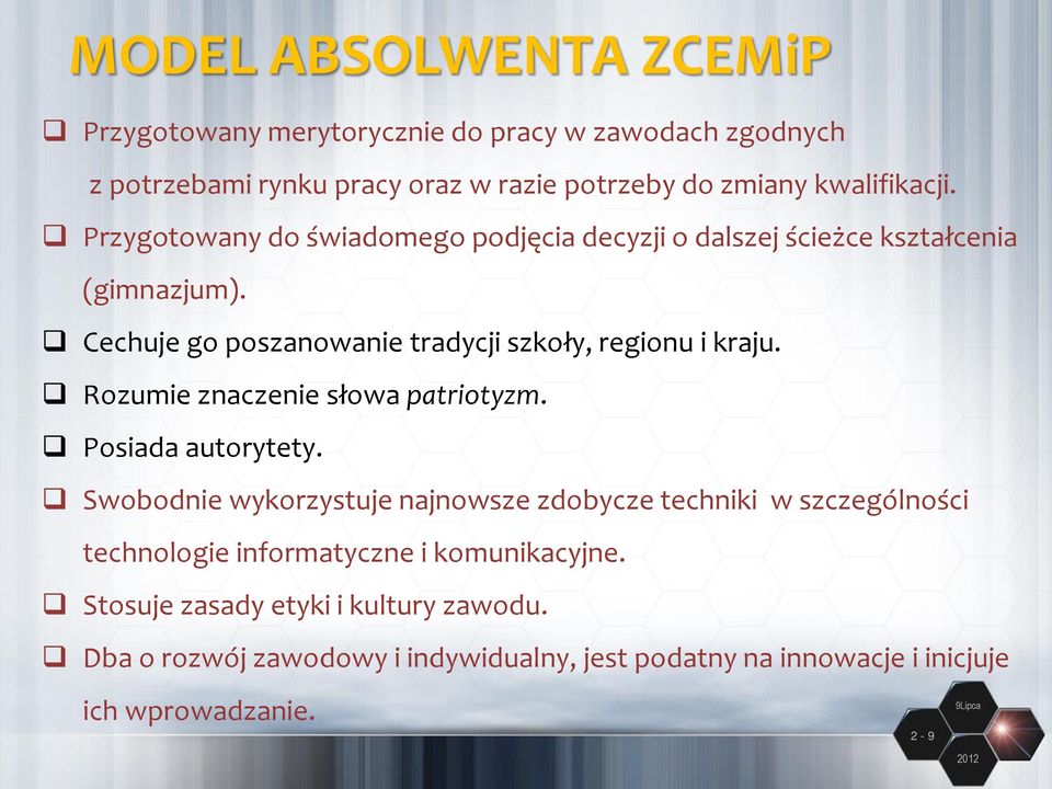 Cechuje go poszanowanie tradycji szkoły, regionu i kraju. Rozumie znaczenie słowa patriotyzm. Posiada autorytety.