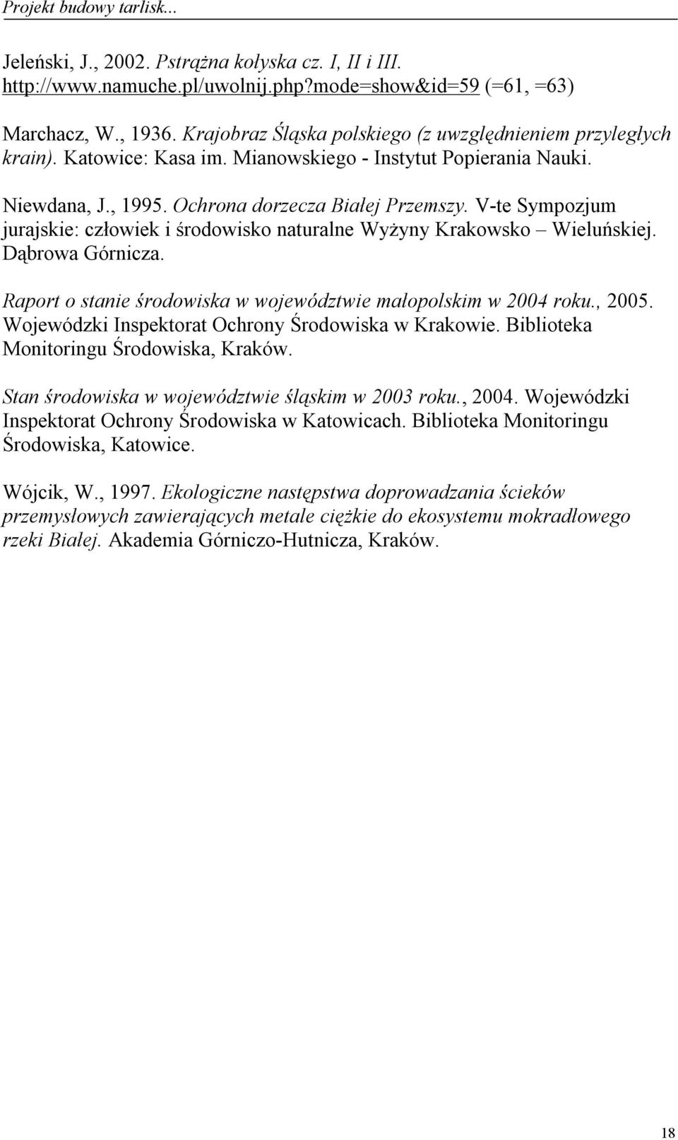 V-te Sympozjum jurajskie: człowiek i środowisko naturalne Wyżyny Krakowsko Wieluńskiej. Dąbrowa Górnicza. Raport o stanie środowiska w województwie małopolskim w 2004 roku., 2005.