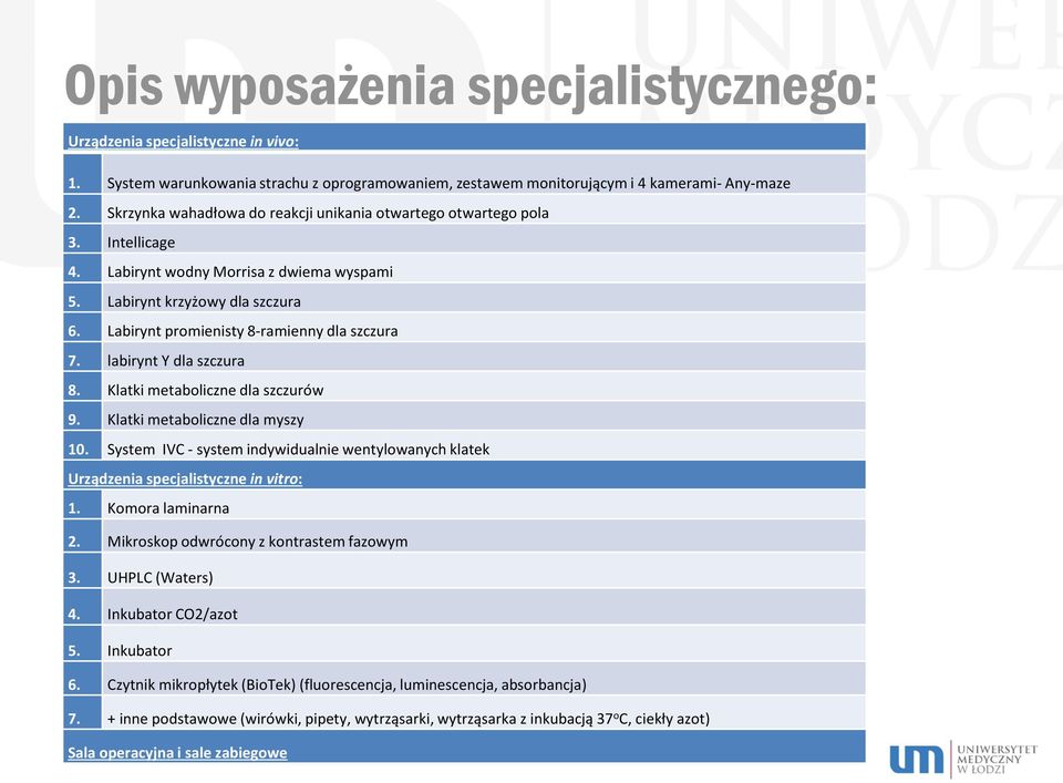 Labirynt promienisty 8-ramienny dla szczura 7. labirynt Y dla szczura 8. Klatki metaboliczne dla szczurów 9. Klatki metaboliczne dla myszy 10.