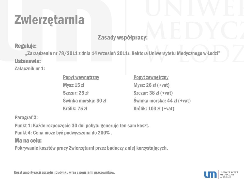 zł Popyt zewnętrzny Mysz: 26 zł (+vat) Szczur: 38 zł (+vat) Świnka morska: 44 zł (+vat) Królik: 103 zł (+vat) Punkt 1: Każde rozpoczęcie 30 dni pobytu