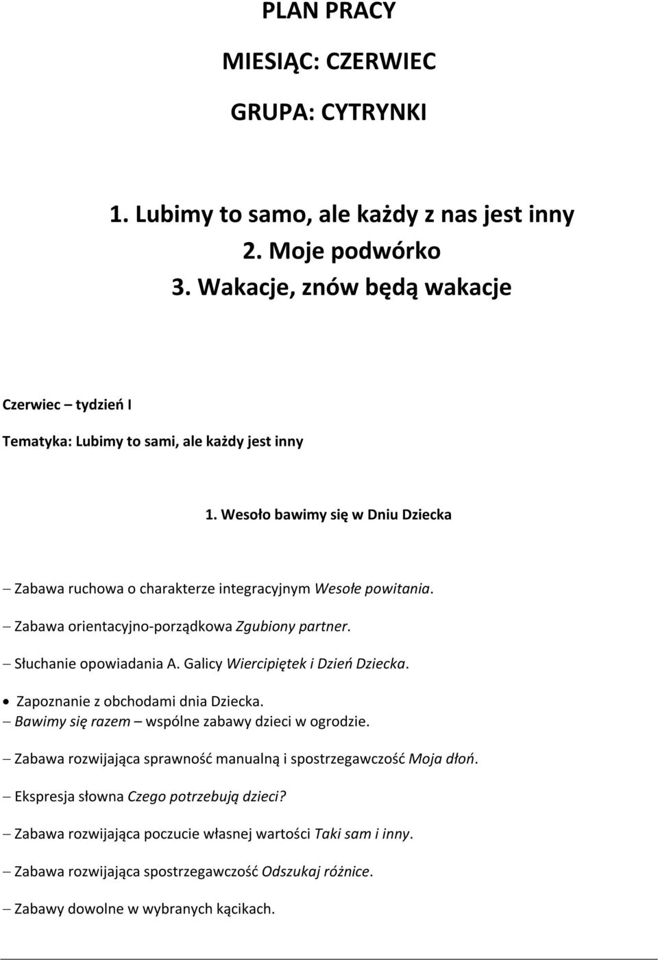 Wesoło bawimy się w Dniu Dziecka Zabawa ruchowa o charakterze integracyjnym Wesołe powitania. Zabawa orientacyjno-porządkowa Zgubiony partner. Słuchanie opowiadania A.