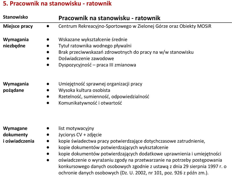 przeciwwskazań zdrowotnych do pracy na w/w stanowisku Doświadczenie zawodowe Dyspozycyjność praca III zmianowa