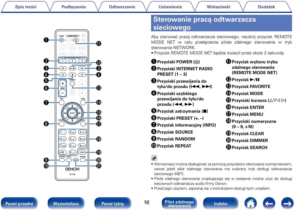 q Przyciski POWER (X) w Przyciski INTERNET RADIO PRESET (1 3) e Przyciski przewijania do tyłu/do przodu (8, 9) r Przyciski szybkiego przewijania do tyłu/do przodu (6, 7) t Przycisk zatrzymania (2) y