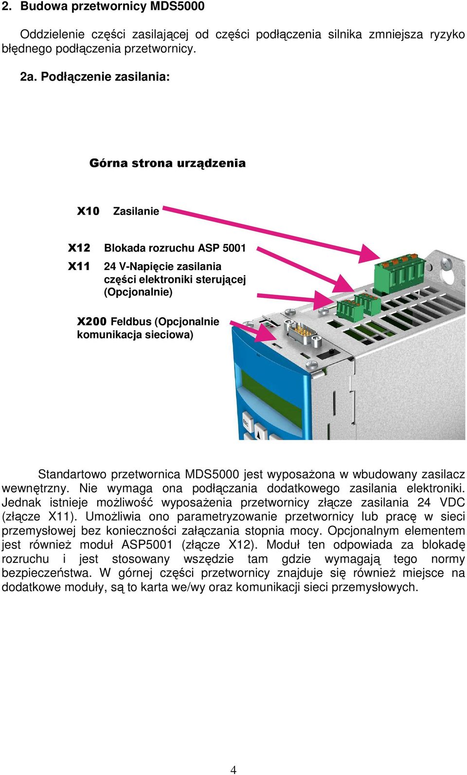 komunikacja sieciowa) Standartowo przetwornica MDS5000 jest wyposaŝona w wbudowany zasilacz wewnętrzny. Nie wymaga ona podłączania dodatkowego zasilania elektroniki.