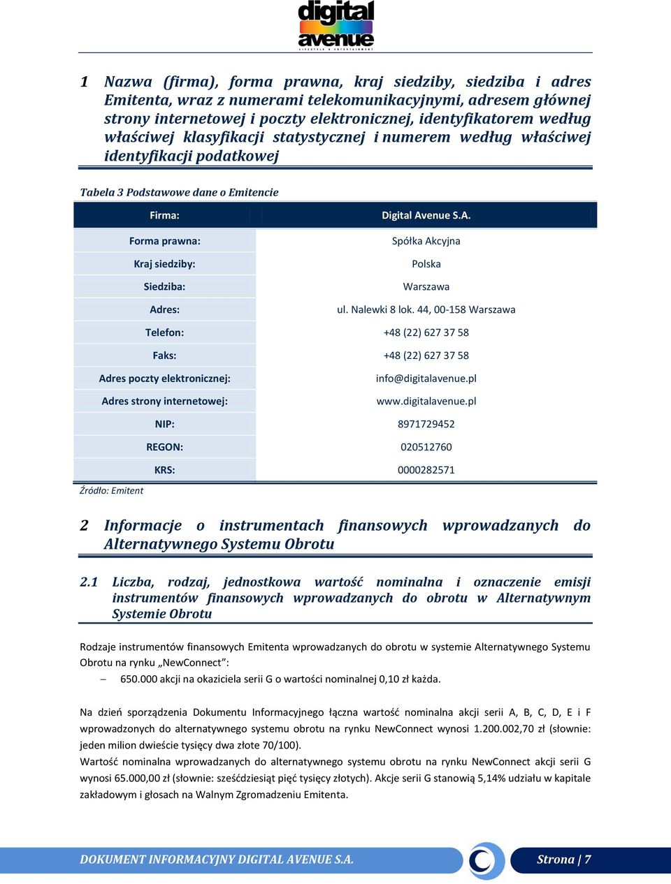 res: Digital Avenue S.A. Spółka Akcyjna Polska Warszawa ul. Nalewki 8 lok.