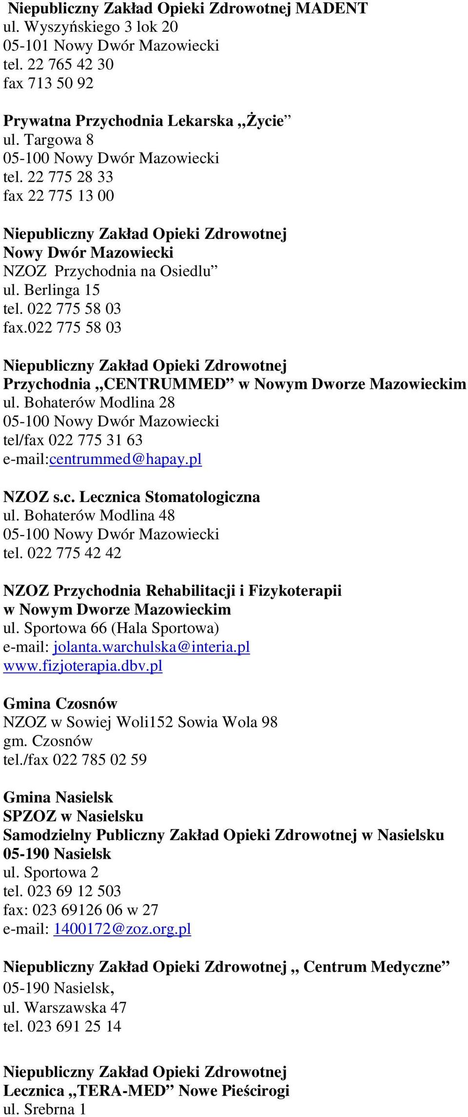 Bohaterów Modlina 28 tel/fax 022 775 31 63 e-mail:centrummed@hapay.pl NZOZ s.c. Lecznica Stomatologiczna ul. Bohaterów Modlina 48 tel.