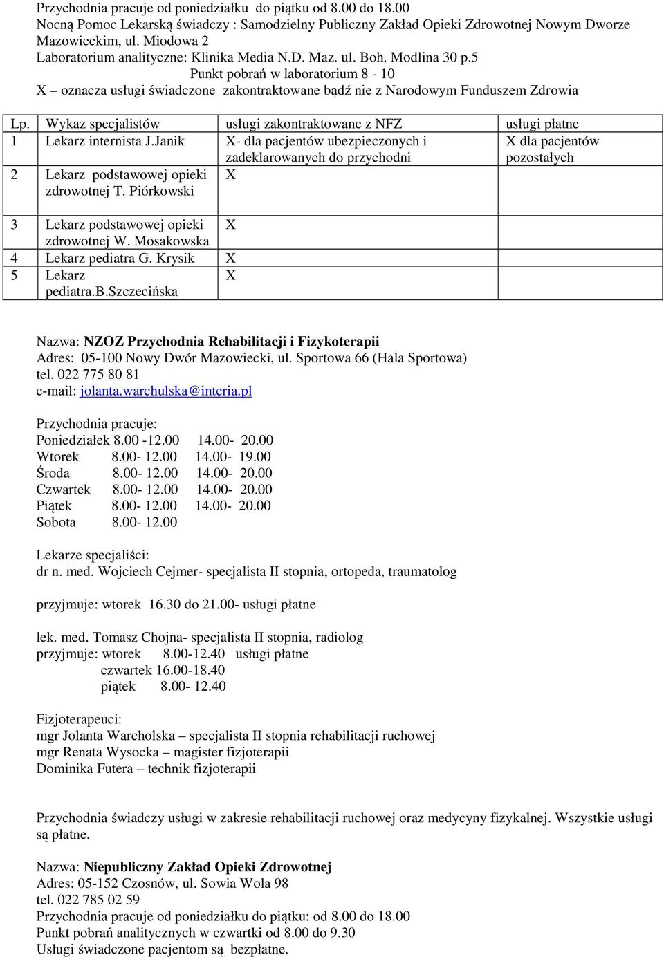 5 Punkt pobrań w laboratorium 8-10 oznacza usługi świadczone zakontraktowane bądź nie z Narodowym Funduszem Zdrowia Lp.