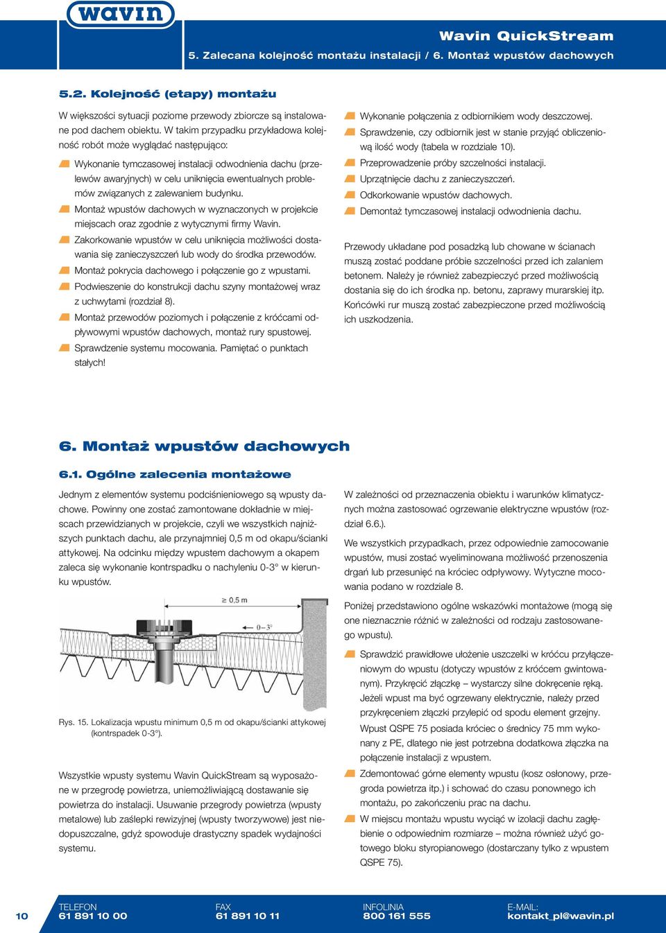 z zalewaniem budynku. Montaż wpustów dachowych w wyznaczonych w projekcie miejscach oraz zgodnie z wytycznymi firmy Wavin.