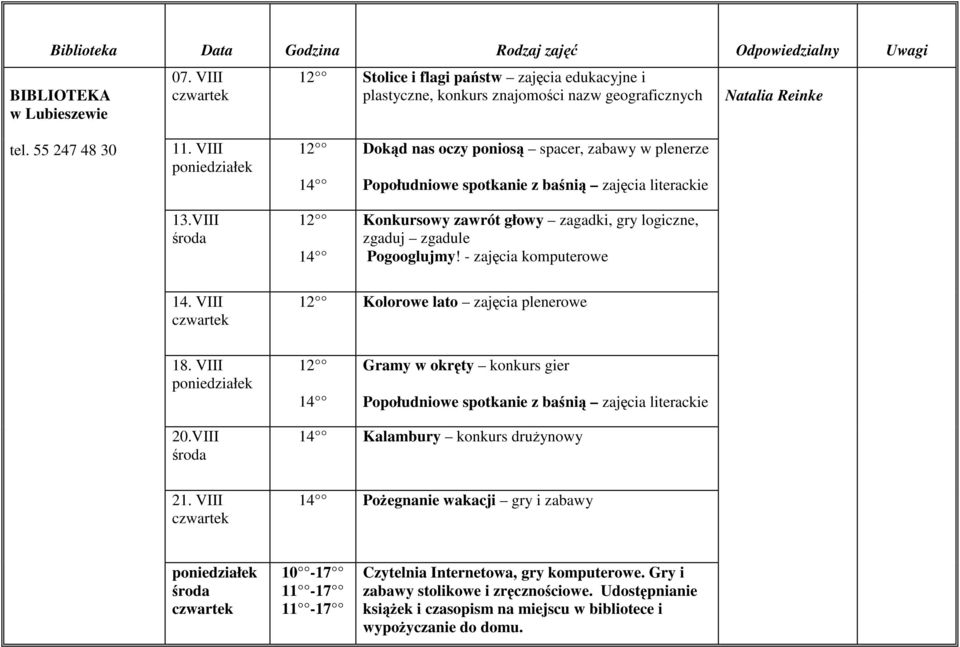 VIII 14 Konkursowy zawrót głowy zagadki, gry logiczne, zgaduj zgadule Pogooglujmy! - zajęcia komputerowe 14. VIII Kolorowe lato zajęcia plenerowe 18.