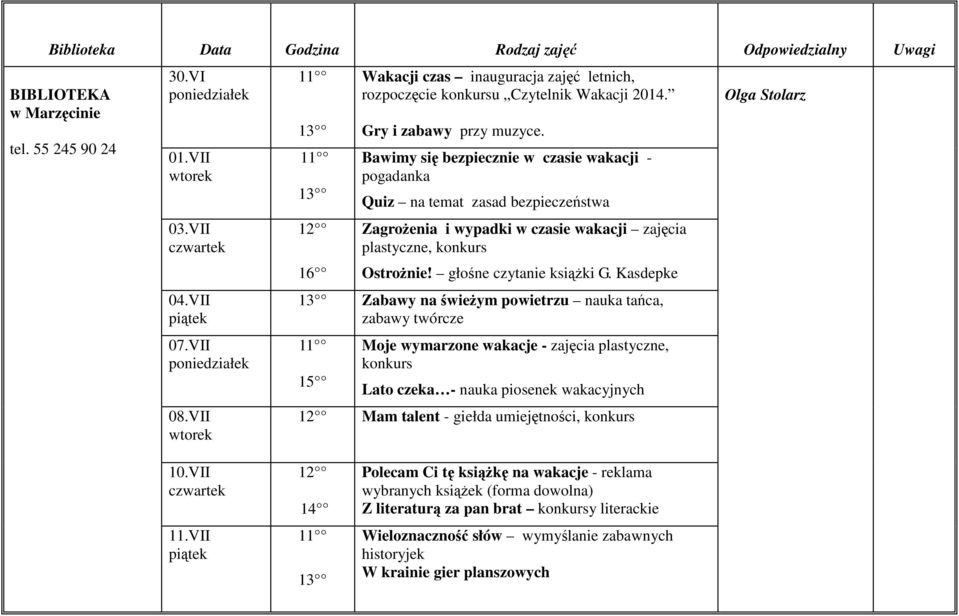 Kasdepke Zabawy na świeŝym powietrzu nauka tańca, zabawy twórcze 15 Moje wymarzone wakacje - zajęcia plastyczne, konkurs Lato czeka - nauka piosenek wakacyjnych Mam talent - giełda umiejętności,