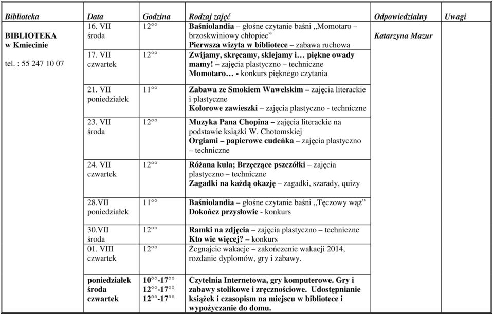 VII 01. VIII Zabawa ze Smokiem Wawelskim zajęcia literackie i plastyczne Kolorowe zawieszki zajęcia plastyczno - techniczne Muzyka Pana Chopina zajęcia literackie na podstawie ksiąŝki W.