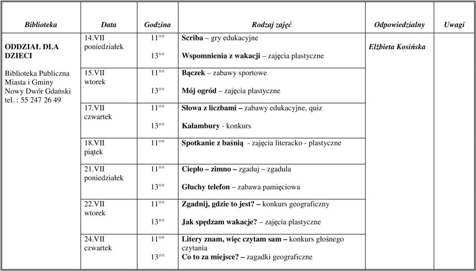 : 55 247 26 49 15.VII 17.VII Bączek zabawy sportowe Mój ogród zajęcia plastyczne Słowa z liczbami zabawy edukacyjne, quiz Kalambury - konkurs 18.