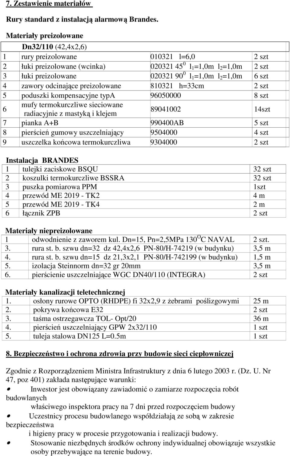 =1,0m 6 szt 4 zawory odcinające preizolowane 810321 h=33cm 2 szt 5 poduszki kompensacyjne typa 96050000 8 szt 6 mufy termokurczliwe sieciowane radiacyjnie z mastyką i klejem 89041002 14szt 7 pianka