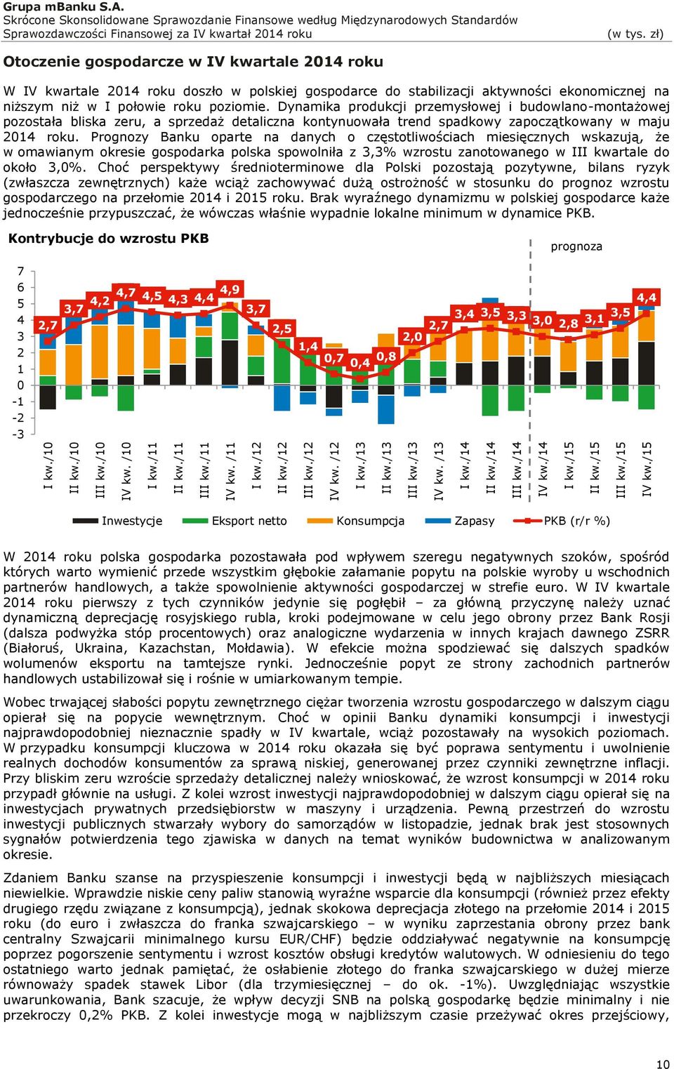 Otoczenie gospodarcze w IV kwartale 2014 roku W IV kwartale 2014 roku doszło w polskiej gospodarce do stabilizacji aktywności ekonomicznej na niższym niż w I połowie roku poziomie.