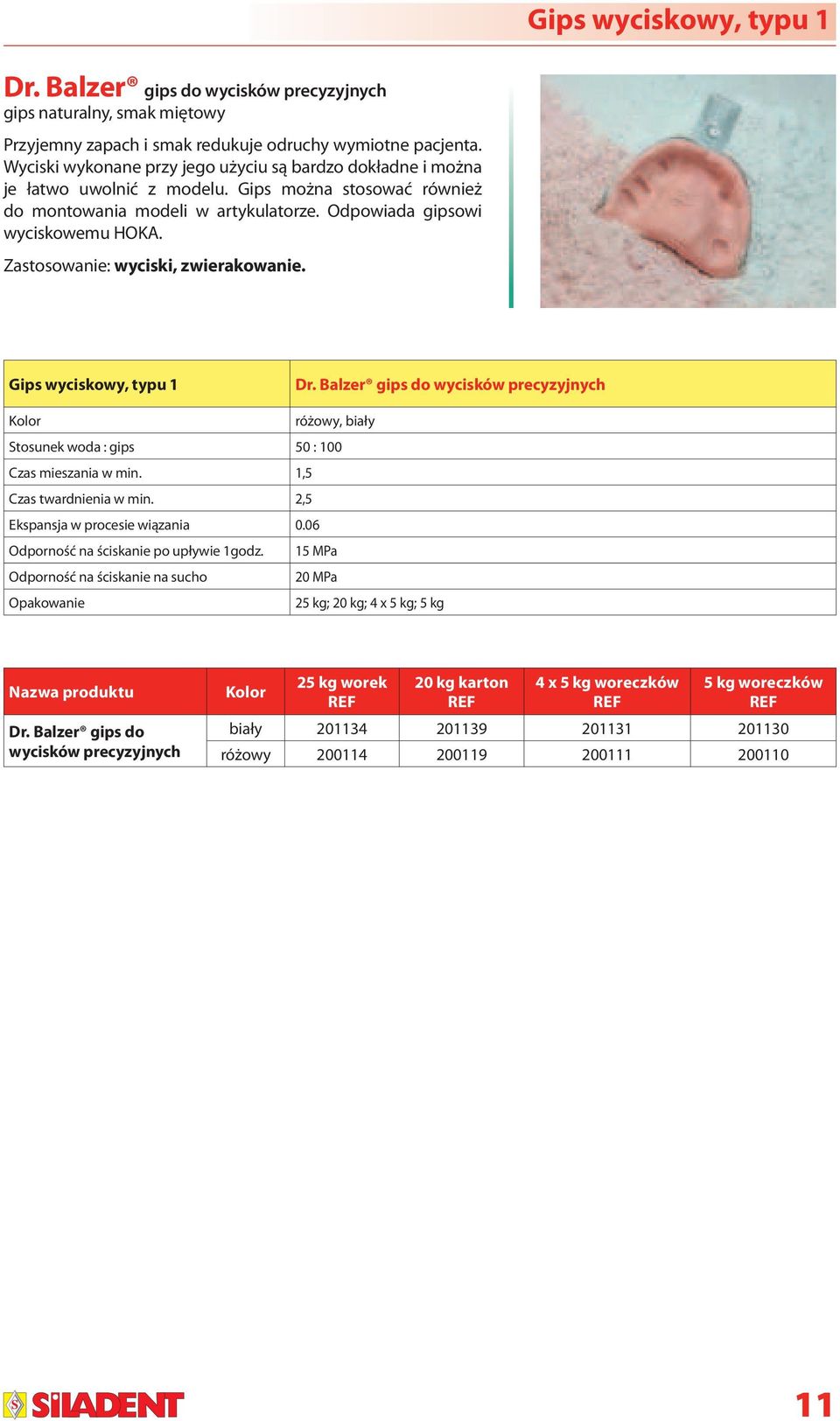 Zastosowanie: wyciski, zwierakowanie. Gips wyciskowy, typu 1 Dr. Balzer gips do wycisków precyzyjnych Kolor różowy, biały Stosunek woda : gips 50 : 100 Czas mieszania w min.
