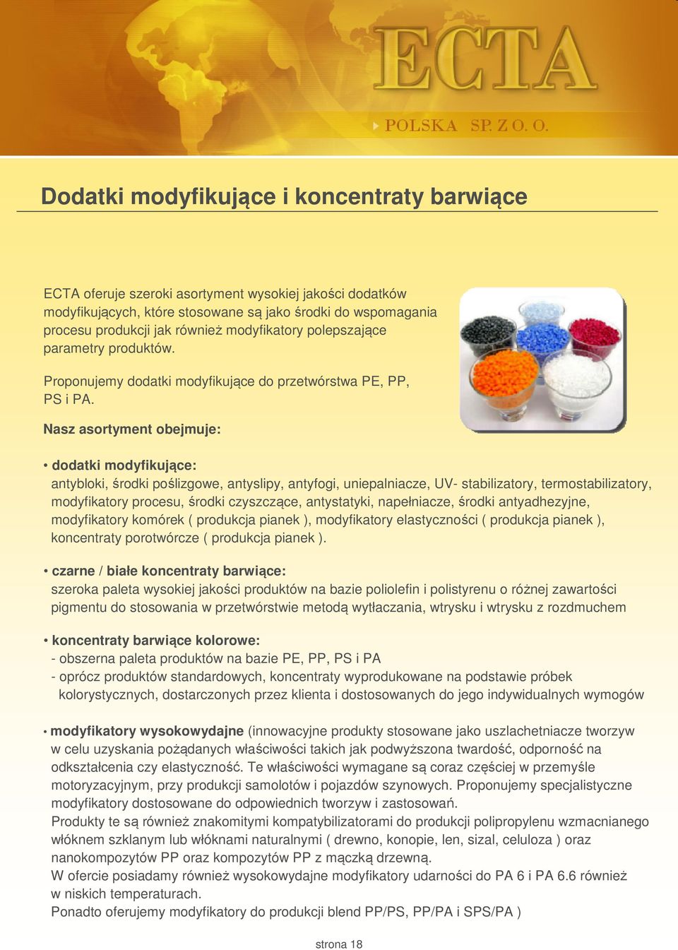 Nasz asortyment obejmuje: dodatki modyfikujące: antybloki, środki poślizgowe, antyslipy, antyfogi, uniepalniacze, UV- stabilizatory, termostabilizatory, modyfikatory procesu, środki czyszczące,