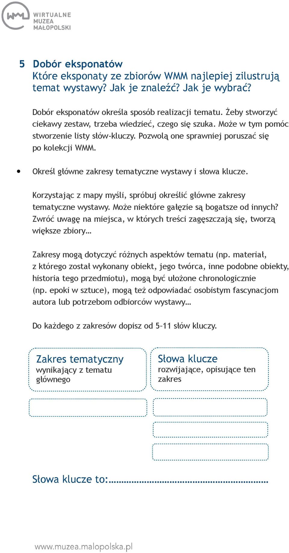 Określ główne zakresy tematyczne wystawy i słowa klucze. Korzystając z mapy myśli, spróbuj określić główne zakresy tematyczne wystawy. Może niektóre gałęzie są bogatsze od innych?