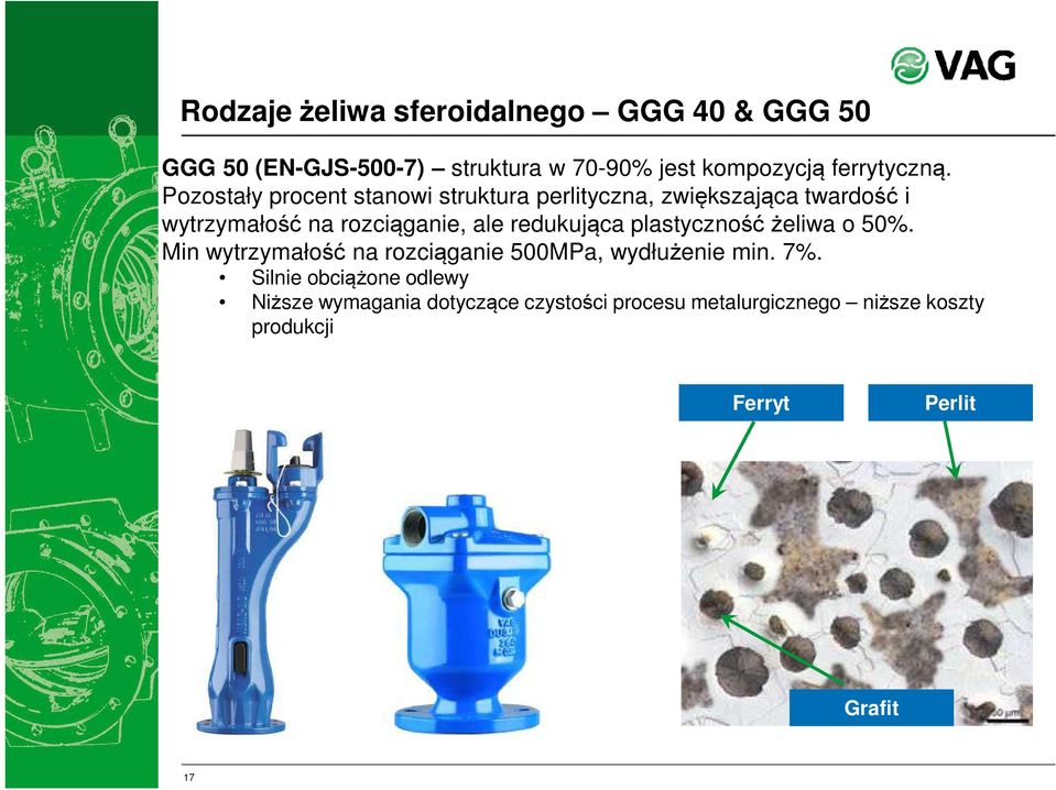 redukująca plastyczność żeliwa o 50%. Min wytrzymałość na rozciąganie 500MPa, wydłużenie min. 7%.