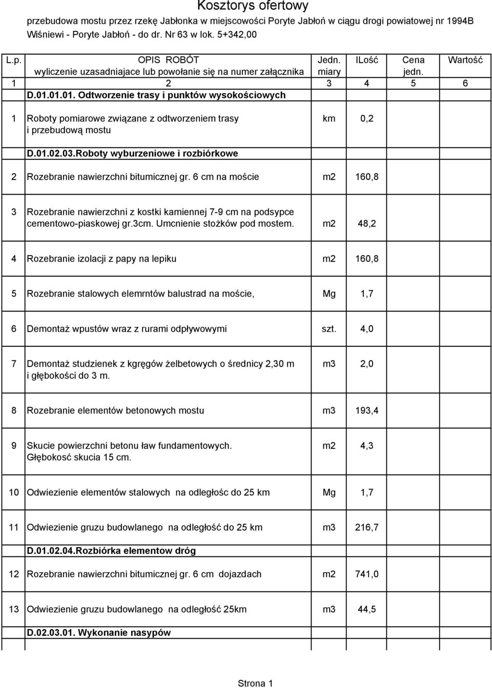 01.01. Odtworzenie trasy i punktów wysokościowych 1 Roboty pomiarowe związane z odtworzeniem trasy km 0,2 i przebudową mostu D.01.02.03.