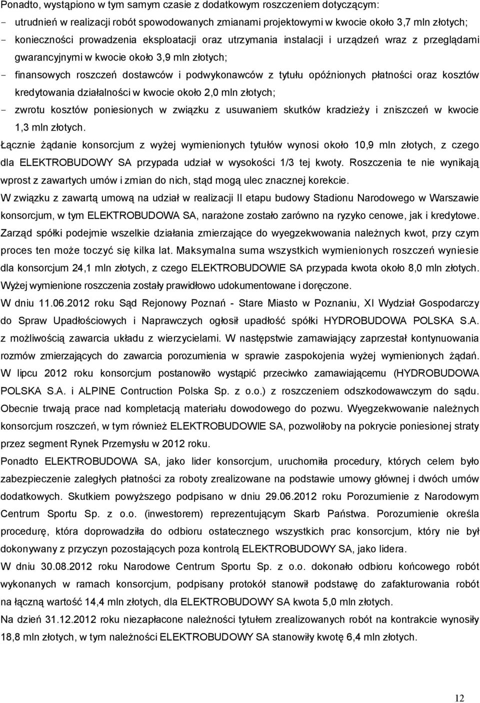 płatności oraz kosztów kredytowania działalności w kwocie około 2,0 mln złotych; - zwrotu kosztów poniesionych w związku z usuwaniem skutków kradzieży i zniszczeń w kwocie 1,3 mln złotych.