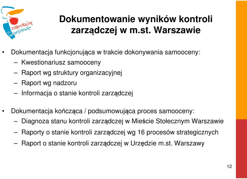 organizacyjnej Raport wg nadzoru Informacja o stanie kontroli zarządczej Dokumentacja kończąca / podsumowująca proces